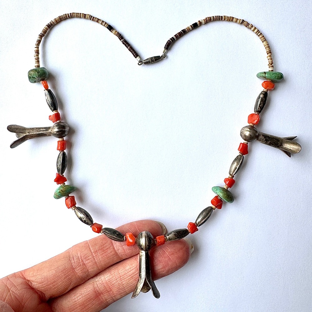 VTG Navajo Blossom Necklace Turquoise Coral Sz 18 Sterling Native American